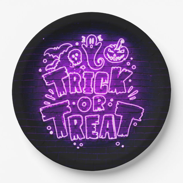 Halloween Neon Glow Look Purple Trick Treat Party  Paper Plate (Front)
