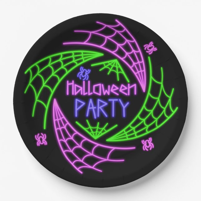 Halloween Neon Glow Look Spider Web Party 9" Paper Plate (Front)