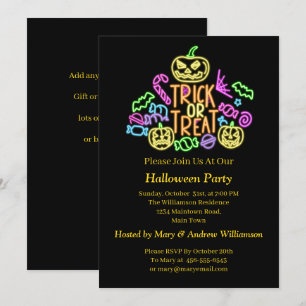 Halloween Neon Glow Look Trick Treat Candy Party  Invitation