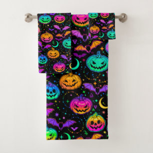 Halloween Neon Jack-O-Lanterns, Bats and Stars  Bath Towel Set