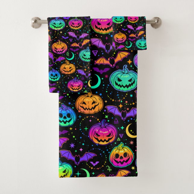 Halloween Neon Jack-O-Lanterns, Bats and Stars  Bath Towel Set (Insitu)
