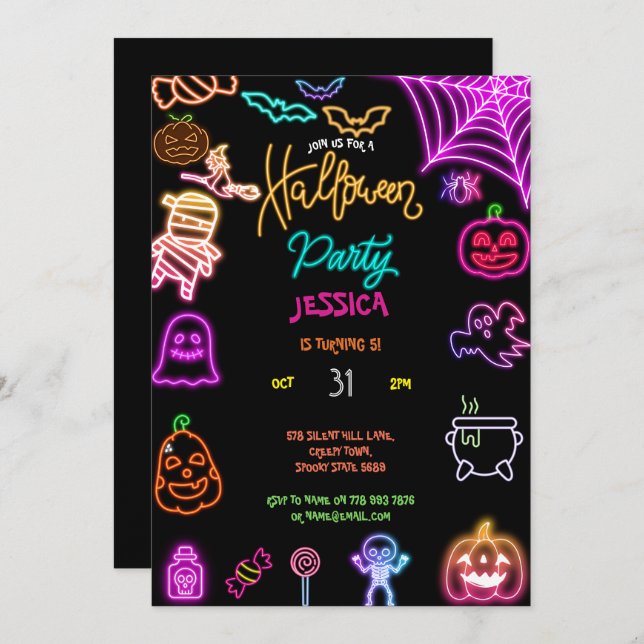 Halloween Neon Kids Birthday Party Glow Dark Invitation (Front/Back)