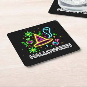 Halloween Neon Look Hat Ghost Web Party Square Paper Coaster