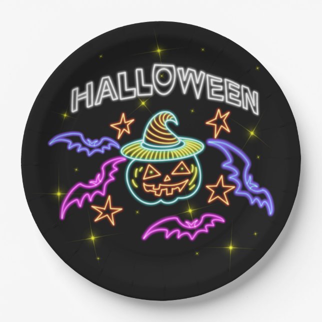 Halloween Neon Look Pumpkin Hat Bats Party 9" Paper Plate (Front)