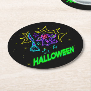  Halloween Neon Look Purple Ghost Broom Party  Round Paper Coaster