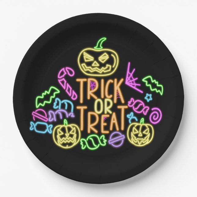 Halloween Neon Look Trick Treat Candy  Party 9"  Paper Plate (Front)