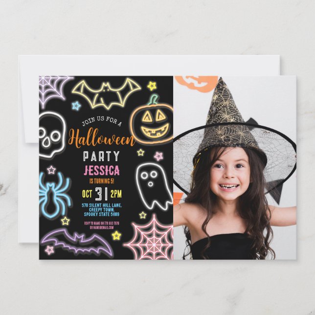 Halloween Neon Party Glow Dark Photo Birthday Invitation (Front)