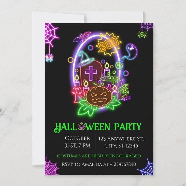  Halloween Neon Party Invitation Ghosts & Pumpkins (Front)