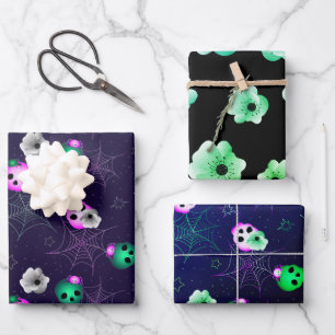   Halloween Neon Pink and Green Glowing Skulls Wra Wrapping Paper Sheet
