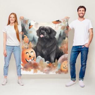 Halloween Newfoundland With Pumpkins Scary  Fleece Blanket