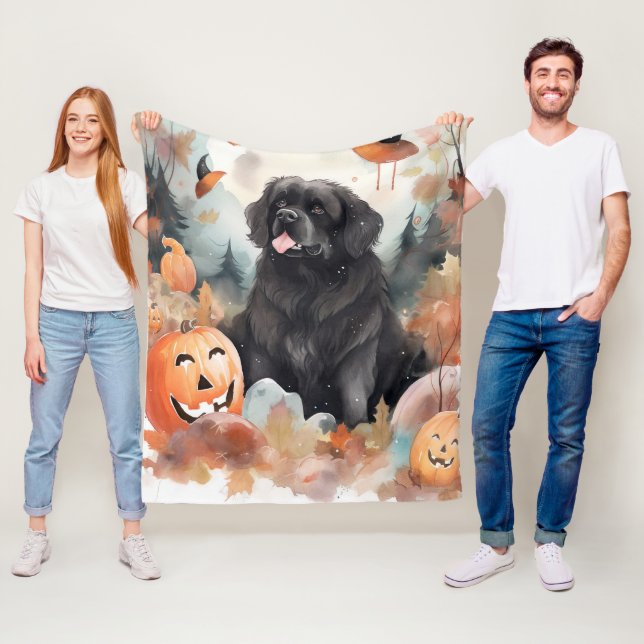 Halloween Newfoundland With Pumpkins Scary  Fleece Blanket (In Situ)