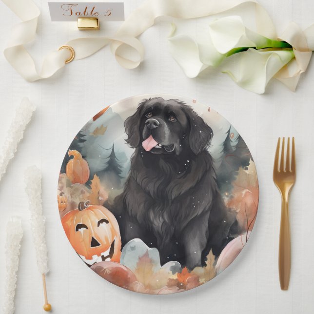 Halloween Newfoundland With Pumpkins Scary  Paper Plate (Wedding)