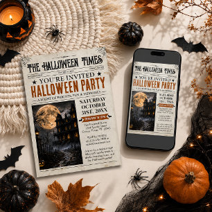 Halloween Newspaper Invitation, Halloween Party Invitation