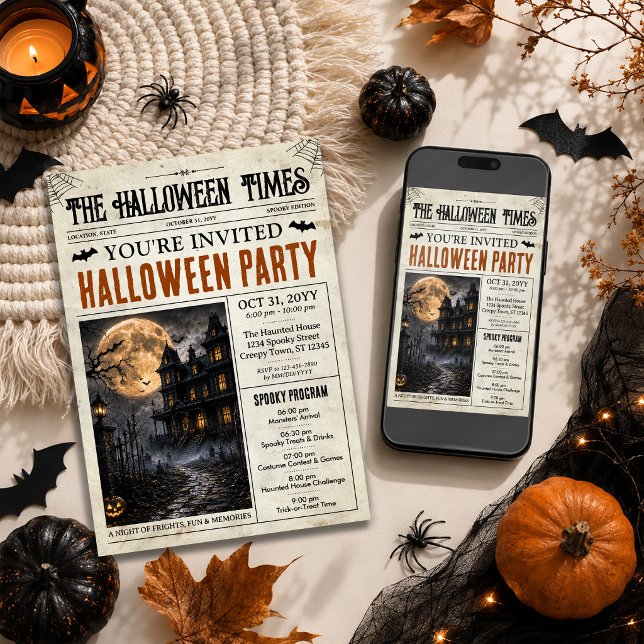 Halloween Newspaper Invitation with Program (Halloween Newspaper Invitation with Program | Personalized Spooky Party Invite)