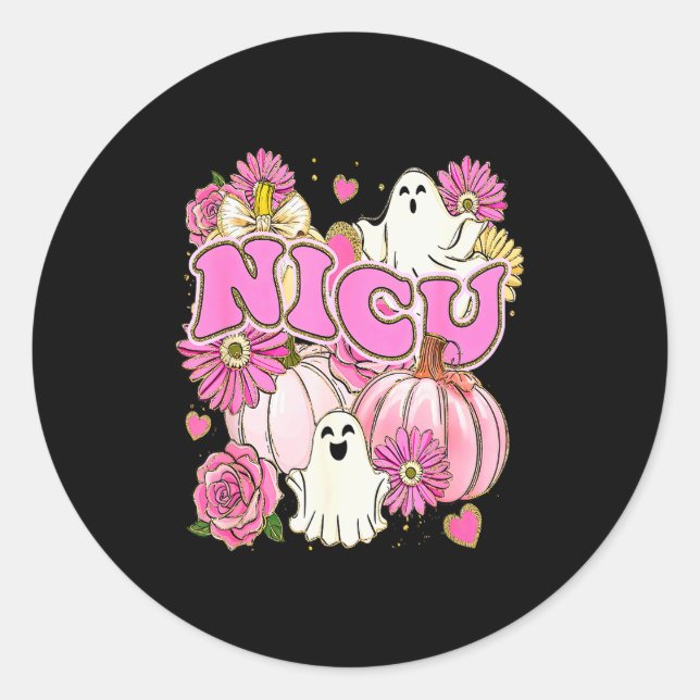 Halloween Nicu Nurse Pink Floral Pumpkin Ghost Icu Classic Round Sticker (Front)