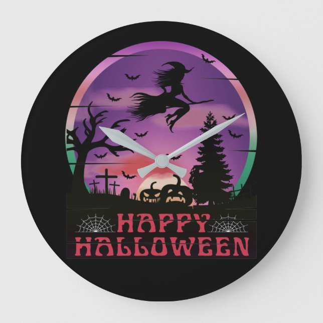 HALLOWEEN NIGHT GRAVEYARD WITCH LARGE CLOCK (Front)