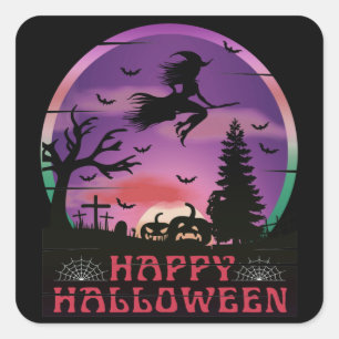 HALLOWEEN NIGHT GRAVEYARD WITCH SQUARE STICKER