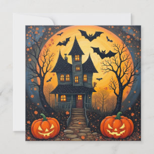 Halloween Night Haunted House, Pumpkins Holiday Card