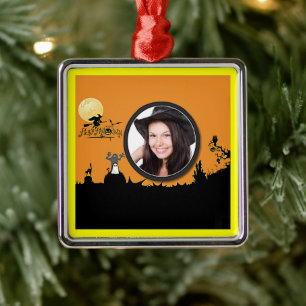Halloween Night in Orange Glow Add Your Photo Metal Tree Decoration