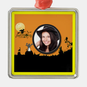 Halloween Night in Orange Glow Add Your Photo Metal Tree Decoration