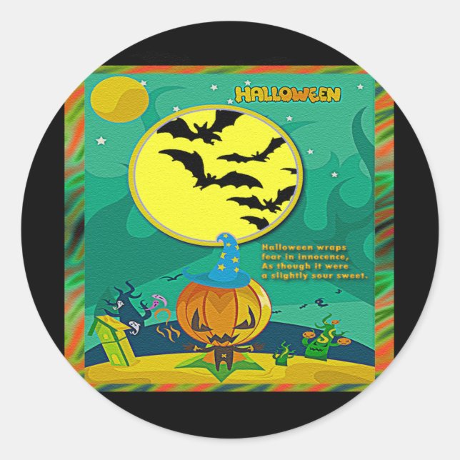 Halloween Night Jack o' Lantern Wizard Scene Classic Round Sticker (Front)