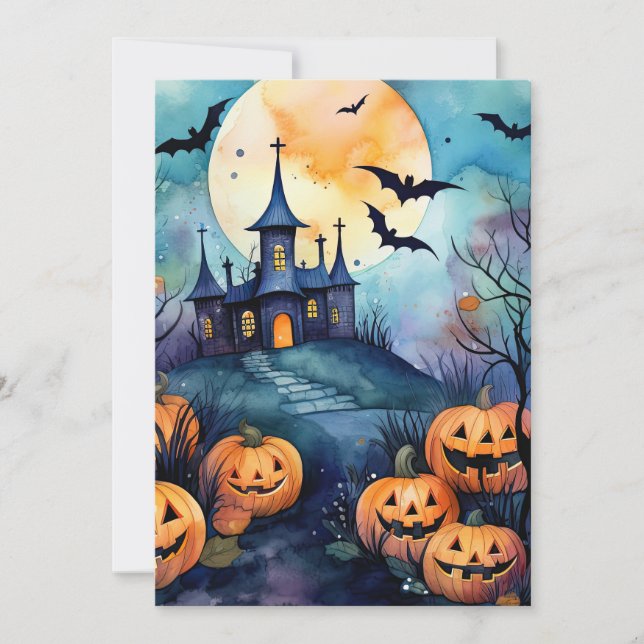 Halloween Night Jack O’Lanterns Bats Full Moon  Holiday Card (Front)