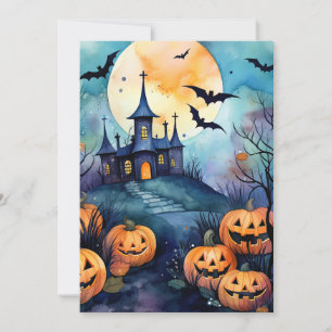 Halloween Night Jack O’Lanterns Bats Full Moon  Holiday Card