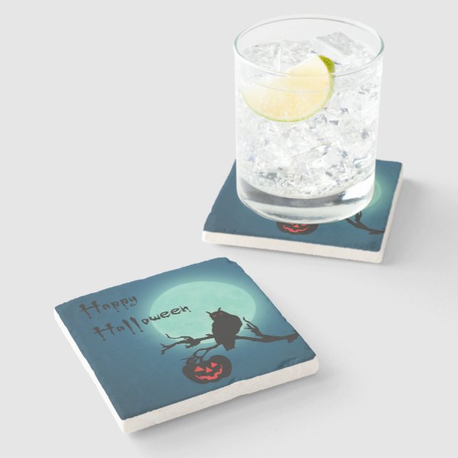 Halloween Night Pumpkin Owl Stone Coaster (Side)