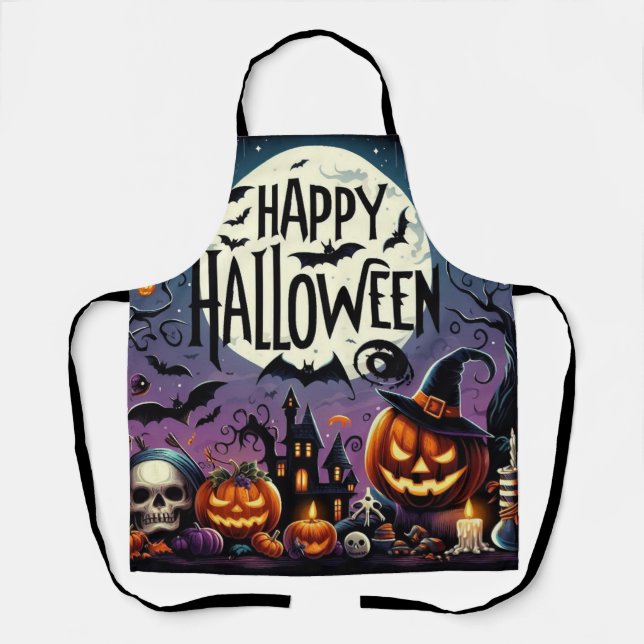 Halloween Night Pumpkins, Skulls & Haunted House Apron (Front)