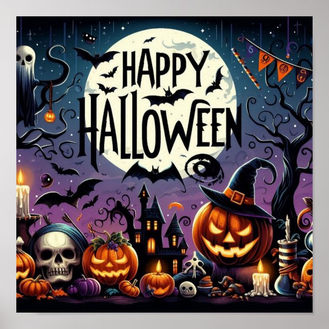 Halloween Night Pumpkins, Skulls & Haunted House Poster (Front)