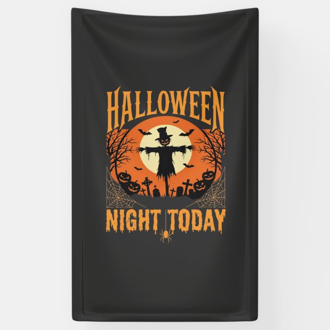 Halloween Night Scarecrow Graveyard Vintage Vector Banner (Vertical)