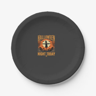 Halloween Night Scarecrow Graveyard Vintage Vector Paper Plate