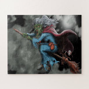 Halloween Night Scary Flying Witch Skull Jigsaw Puzzle