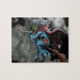 Halloween Night Scary Flying Witch Skull Jigsaw Puzzle