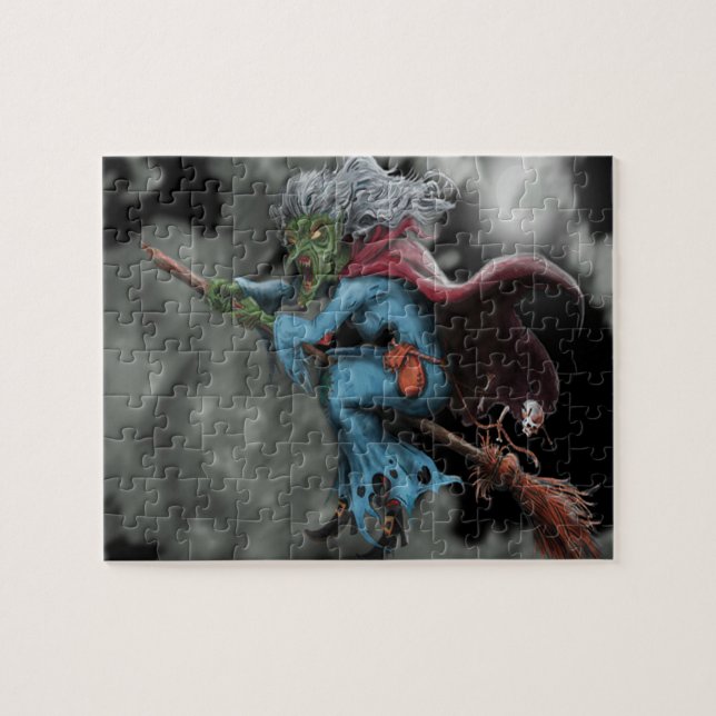 Halloween Night Scary Flying Witch Skull Jigsaw Puzzle (Horizontal)