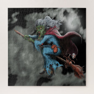 Halloween Night Scary Flying Witch Skull Jigsaw Puzzle