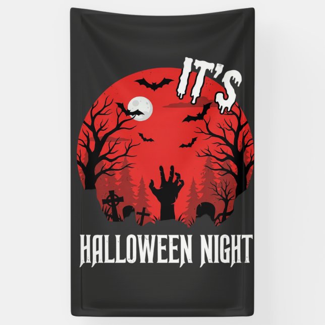 Halloween Night Spooky Graveyard Vector Banner (Vertical)