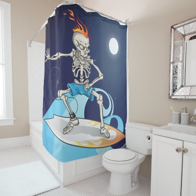 Halloween Night Surfing Skeleton Shower Curtain (In Situ)