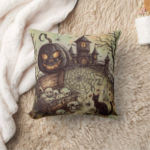 Halloween Night :  The Scary Black Pumpkin Guards  Cushion