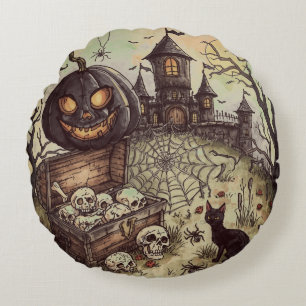 Halloween Night :  The Scary Black Pumpkin Guards  Round Cushion