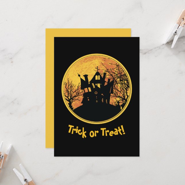 Halloween Night Trick or Treat Full Moon House Card (Front/Back In Situ)