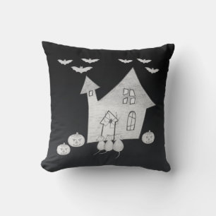 Halloween night with Haunted House, Bats, Pumpkins Cushion