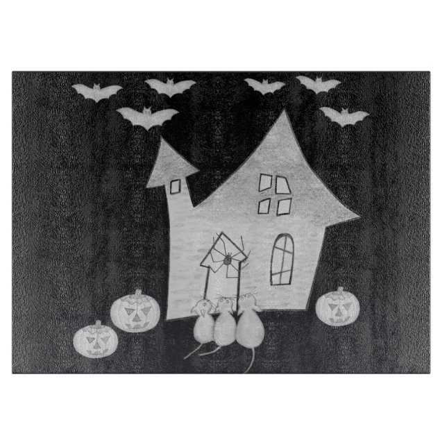 Halloween night with Haunted House, Bats, Pumpkins Cutting Board (Front)