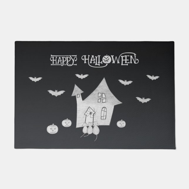 Halloween night with Haunted House, Bats, Pumpkins Doormat (Front)