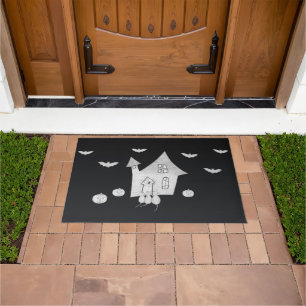 Halloween night with Haunted House, Bats, Pumpkins Doormat
