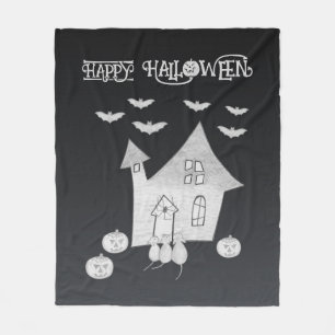 Halloween night with Haunted House, Bats, Pumpkins Fleece Blanket