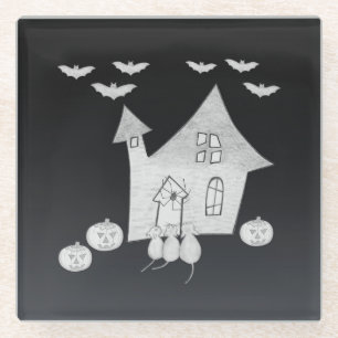 Halloween night with Haunted House, Bats, Pumpkins Glass Coaster