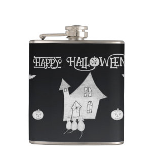 Halloween night with Haunted House, Bats, Pumpkins Hip Flask