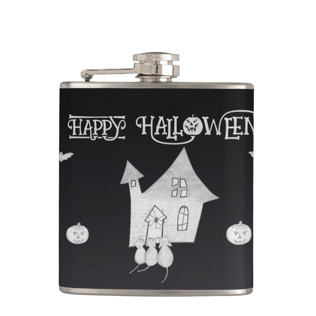 Halloween night with Haunted House, Bats, Pumpkins Hip Flask (Front)