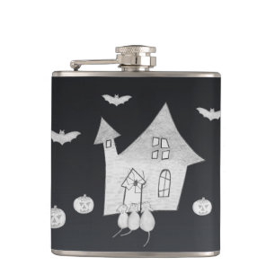 Halloween night with Haunted House, Bats, Pumpkins Hip Flask